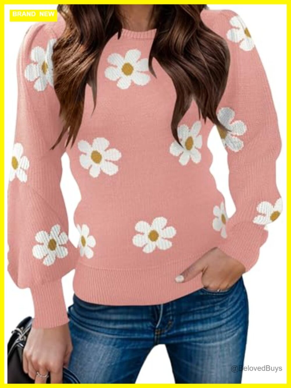 Ribbed Knit Puff Sleeve Sweater Crew Neck Pullover Jumper